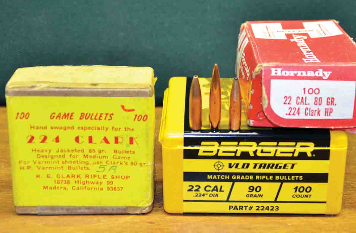 For use in his cartridge, Clark made an 80-grain bullet for use on varmints and an 85-grain bullet with a thicker jacket shown here for use on deer-size game. Those and 80-grain bullets made by Hornady delivered good accuracy from a barrel with a 1:9 twist, which was the quickest twist offered by Shilen at the time. The barrel of a new rifle build in .224 Clark today, would likely have a 1:7 twist in order to stabilize longer, high-ballistic coefficient bullets such as the Berger 90-grain Match-Grade VLD Target. Individual bullets from left to right: 85-grain Clark, 90-grain Berger and 80-grain Hornady.